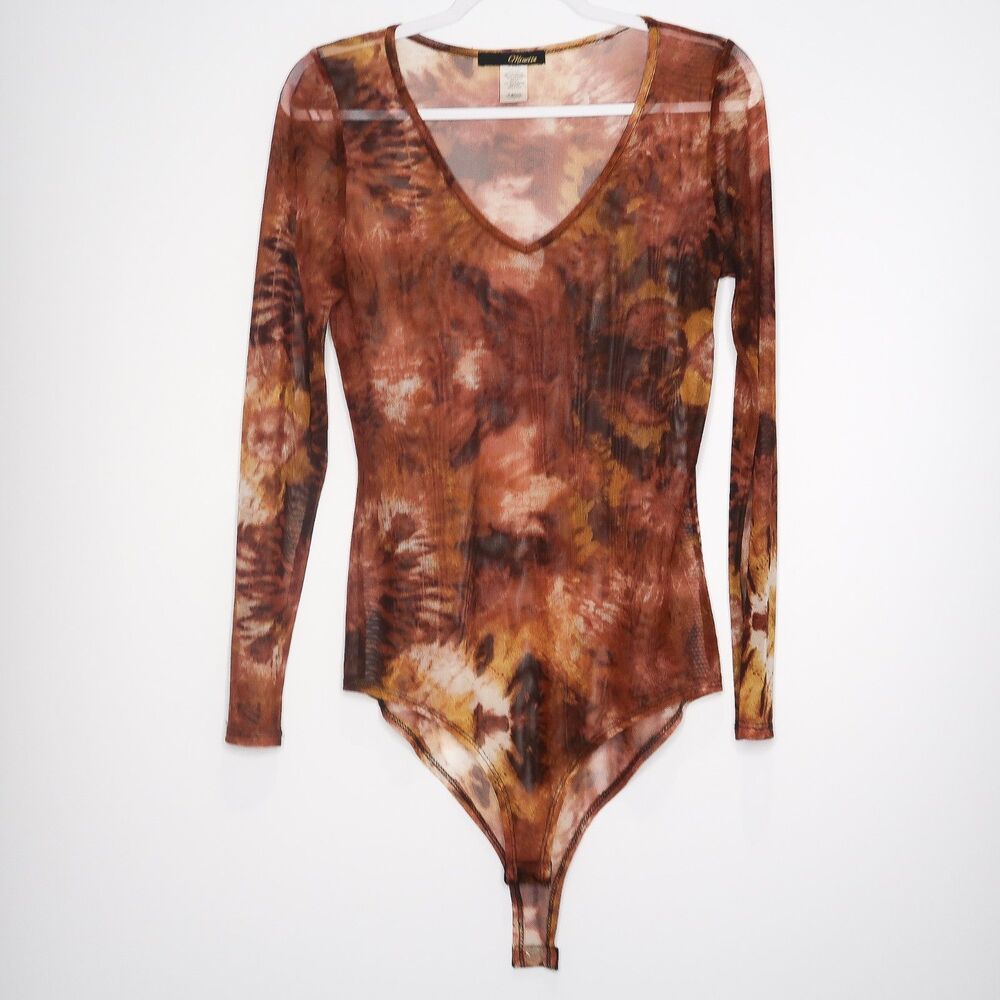 Minette Womens‎ Sheer Bodysuit Size Large Orange Brown Tie Dye Top 90's Y2K